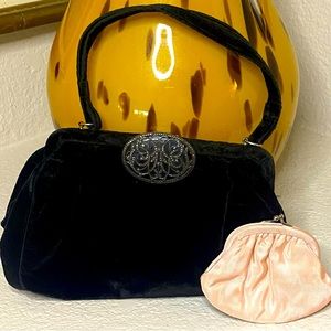 Vintage Black Velvet Evening Purse with Original Matching Coin Purse